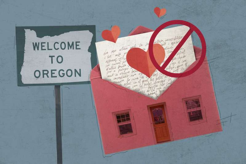 Love Letter Coming Out Of A House Shaped Envelope In Front Of A Welcome To Oregon Sign