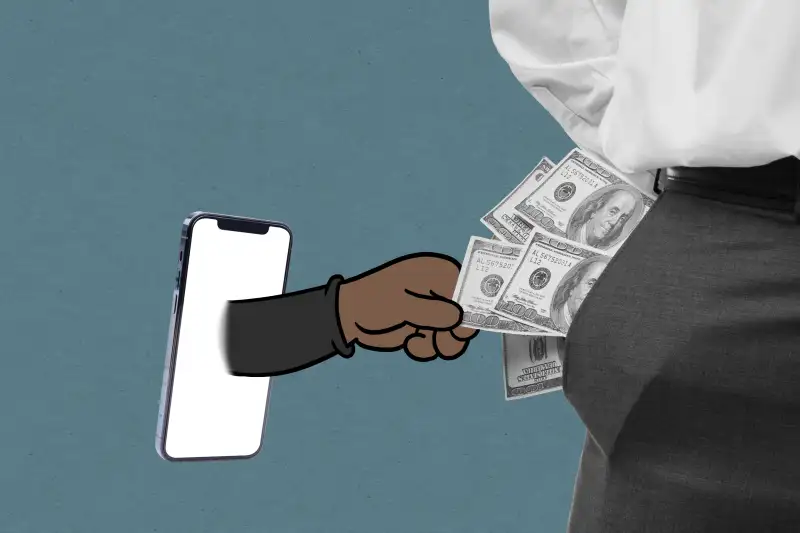 A cartoon mascot hand from a phone takes the money from the pockets of a worker