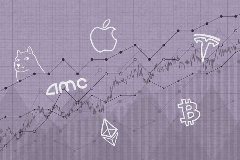Stock market graph with sketch illustrations of different investments