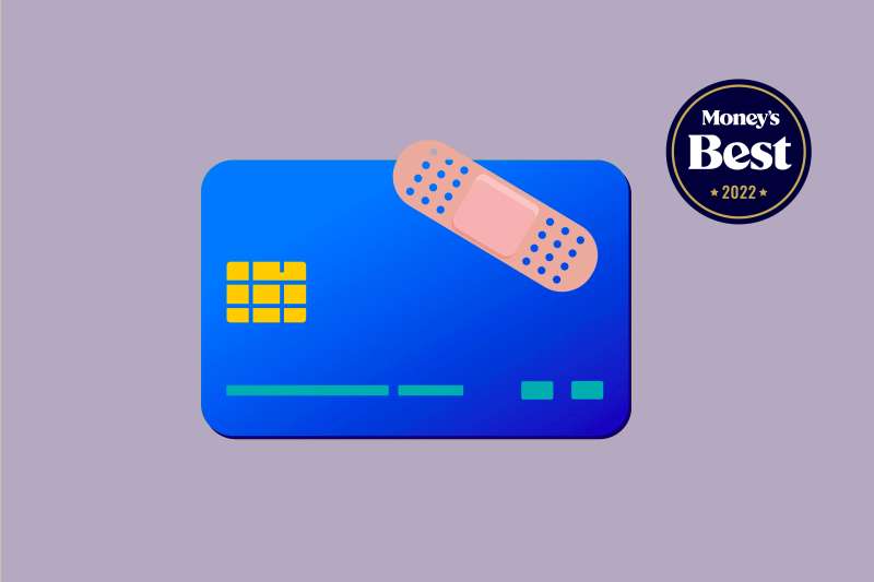 Illustration of a credit card with a band-aid on the top right corner