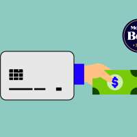 Illustration of a credit card with a hand coming from behind holding dollar bills