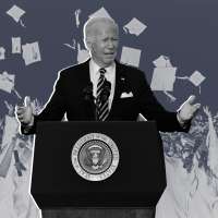 Collage of Joe Biden on a podium with graduates in the background throwing their cap in the air