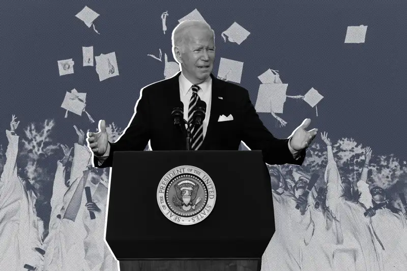 Collage of Joe Biden on a podium with graduates in the background throwing their cap in the air