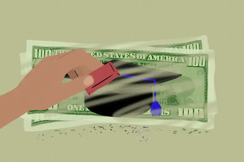 Illustration of a hand with an eraser, erasing multiple hundred dollar bills with and a graduation cap