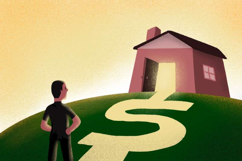 Illustration of a person looking at a house with an inviting, open door. The path to the house forms a dollar sign.
