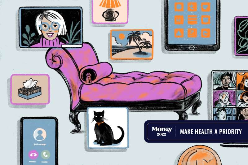 A big therapy chair surrounded by frames of cat, tissue, vacation photo, zoom screen, ipad, lamp, and phone.