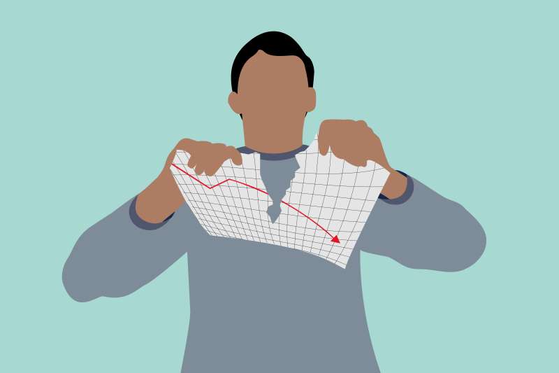 Illustration of a man ripping up a piece of paper with a negative stock trading chart