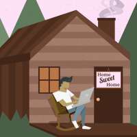 Man Using Laptop While Sitting On A Rocking Chair On The Porch Of A Cabin In The Woods