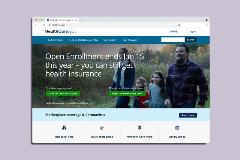 Screenshot the healthcare.gov website promoting the open enrollment for the 2022 Obamacare health plans