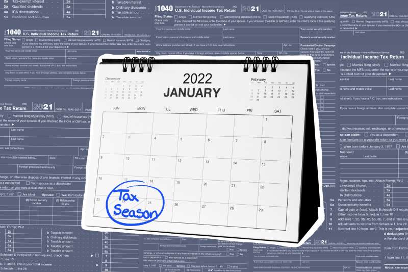 Collage of a January 2022 Calendar with the words  Tax Season  written on it and multiple 1040 Tax Return forms in the background