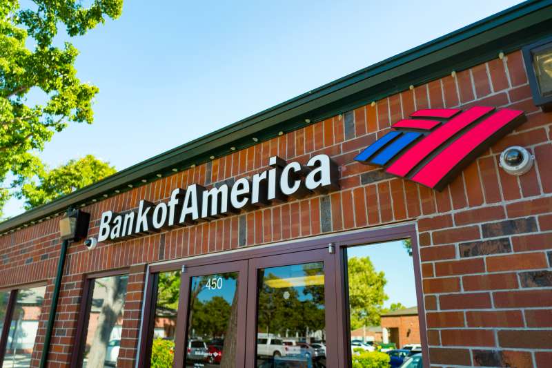 Facade of a Bank of America bank building