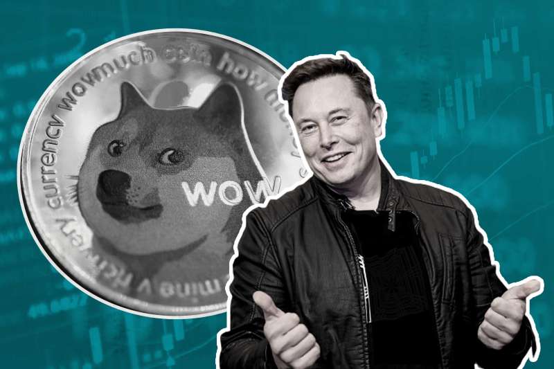 Elon Musk Giving Thumbs Up In Front Of Large Dogecoin