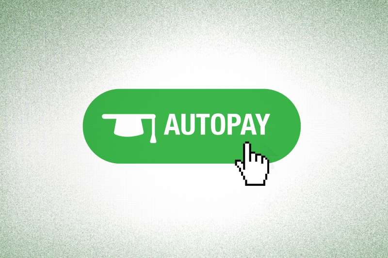 An autopay button with a student graduate cap is being clicked by a digital cursor