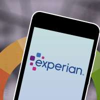 Credit Score Wheel With A Smart Phone In Front Of It Displaying An Experian Logo
