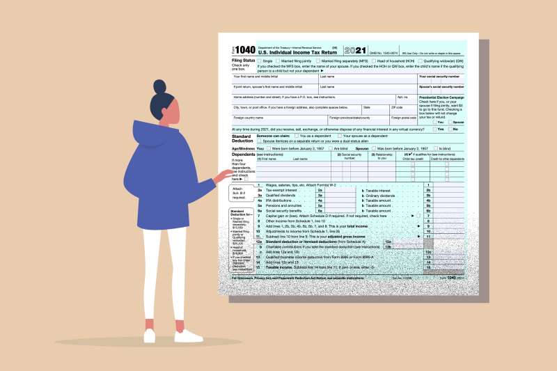 Illustration of a person with a giant tax form in front of them