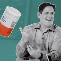 Mark Cuban and a picture of a pill bottle from his company