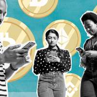 Collage of three millennials using their smart phones with cryptocurrency coins in the background