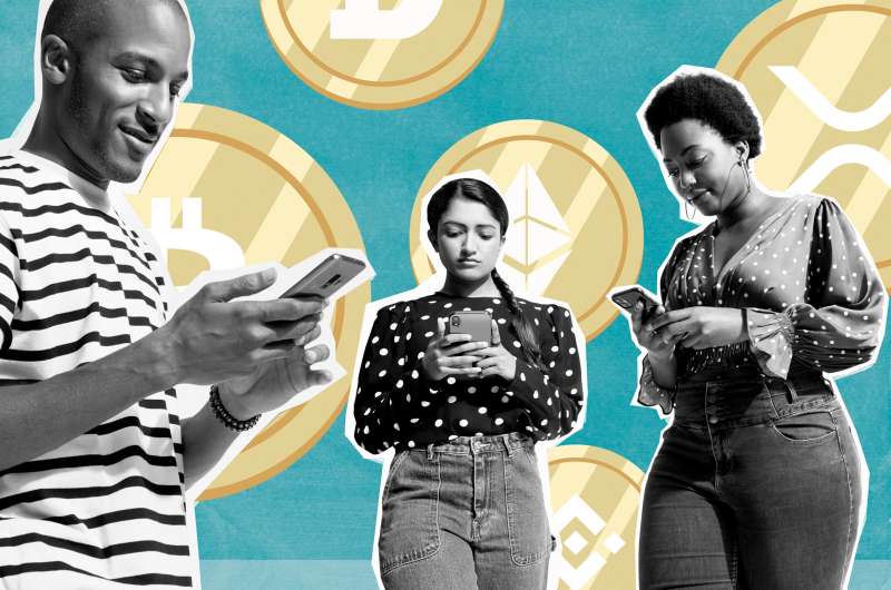 Collage of three millennials using their smart phones with cryptocurrency coins in the background