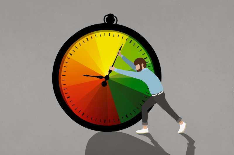 Illustration of a man holding the hands of large stopwatch still that has the colors of a credit score wheel