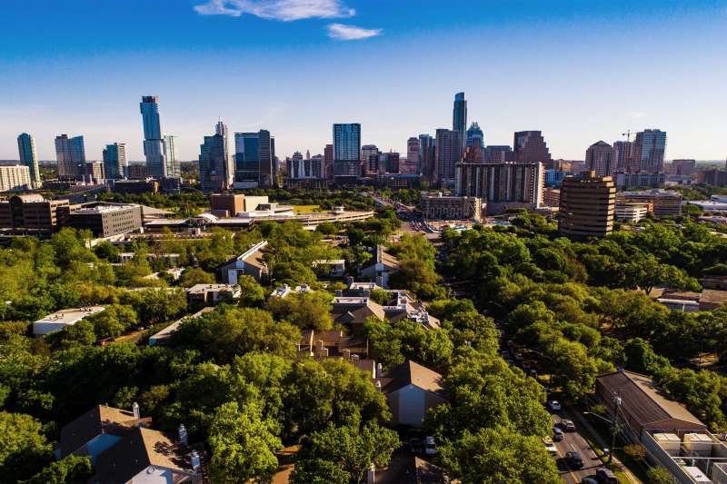 Austin Texas aerial view with green landscape with the entire skyline wide view from in the middle of south side looking north