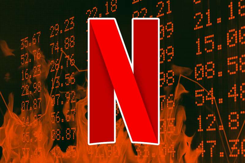 Netflix logo on top of a burning image of the stock market ticker