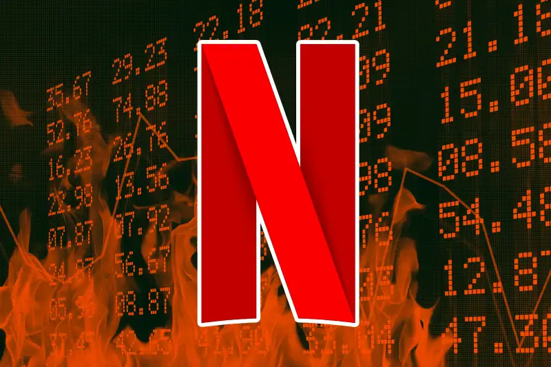 Netflix logo on top of a burning image of the stock market ticker