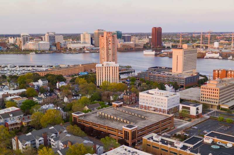 Aerial view of the homes and buildings near the Elizabeth River in Portsmouth Virginia