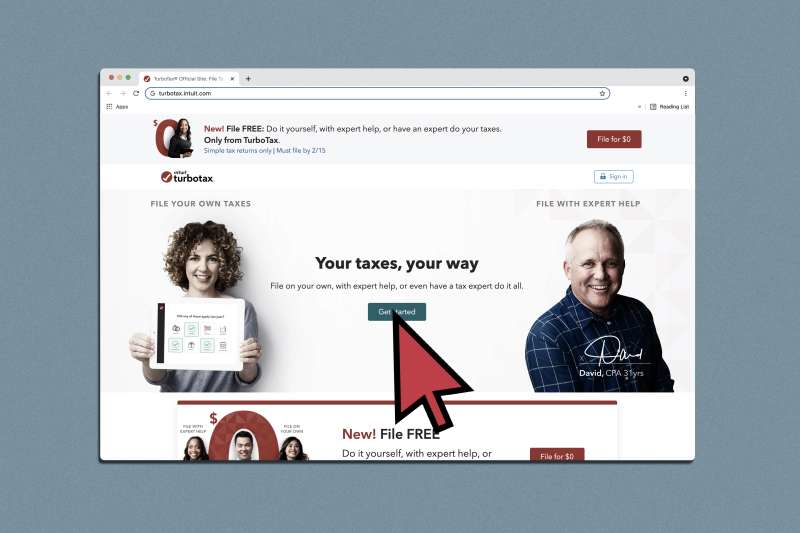 Screenshot of the Turbotax website with a big cursor pointing at the  Get Started  button