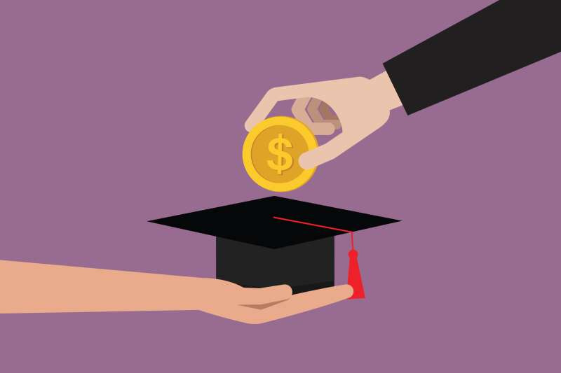 Illustration of an employer's hand giving money to a student employee inside their graduation cap