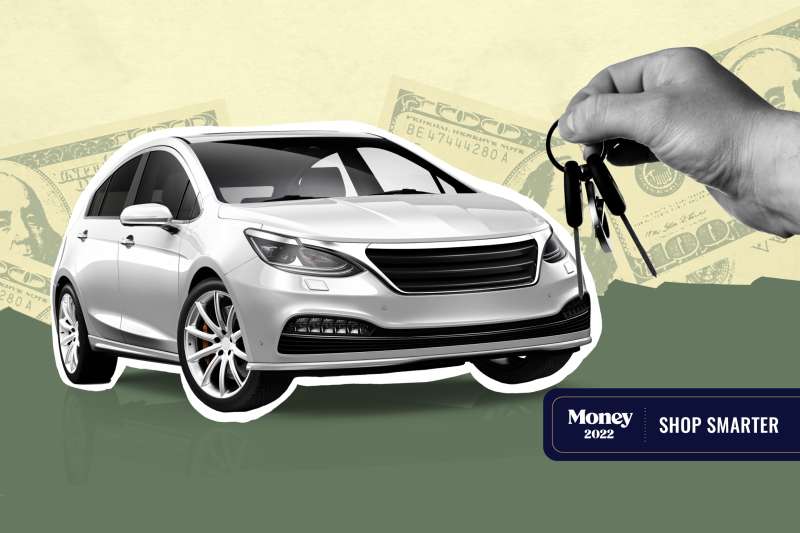 Photo collage of car, and a key in the hand, with money bill in the background.