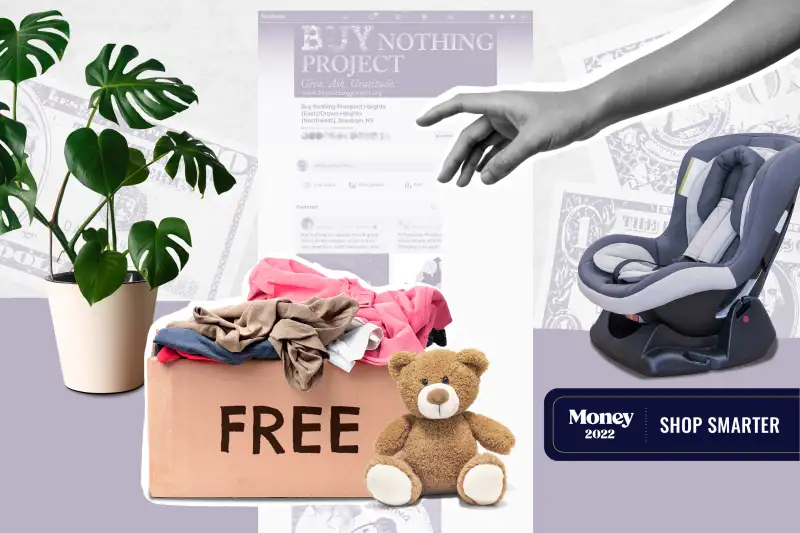 Photo collage of a plant, a baby car seat, a teddy bear, a box of clothes with the word Free written on it with money bills in the background