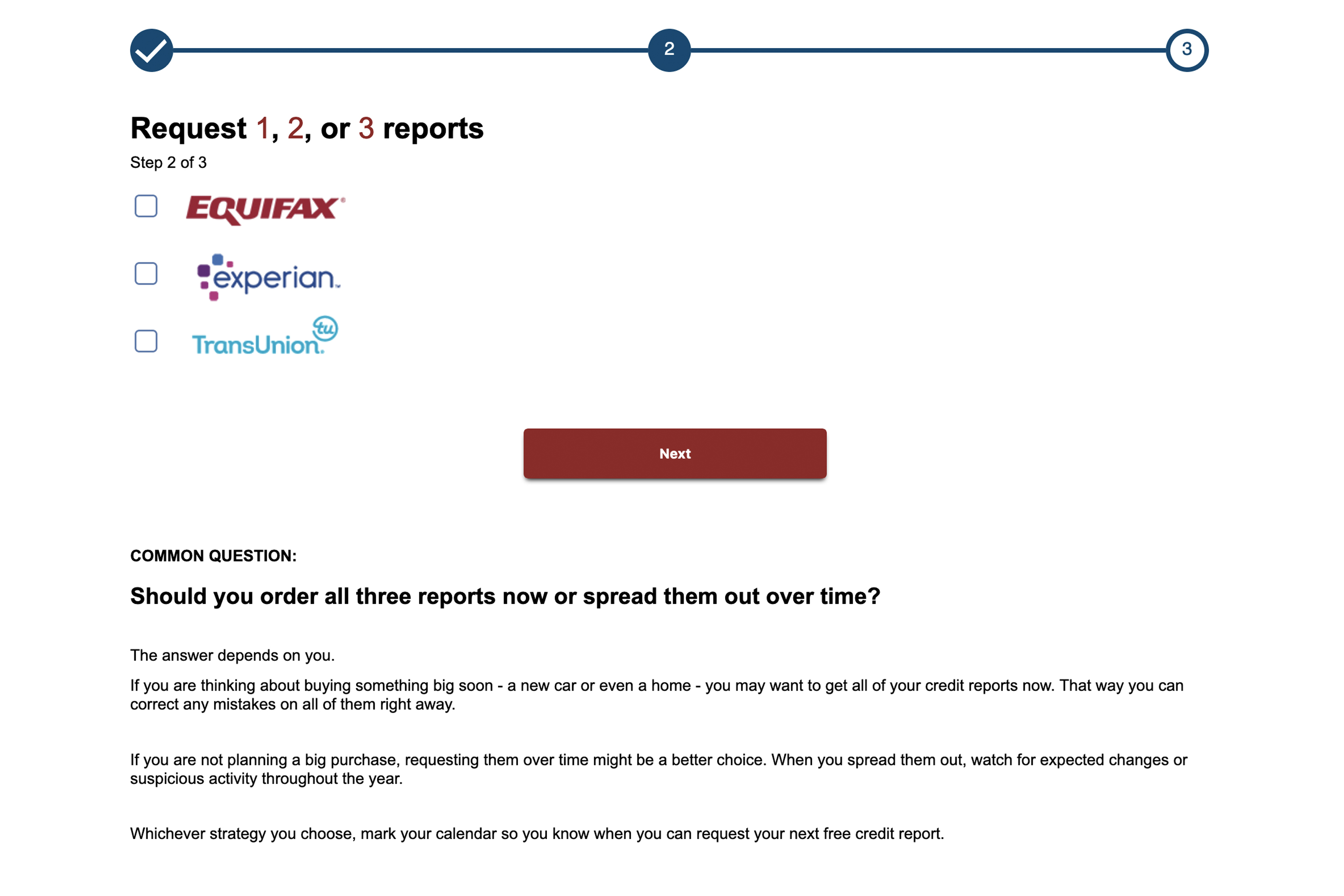 This screenshot from Annualcreditreport.com shows how users can choose to request a report from Experian, Equifax, Transunion or all three.