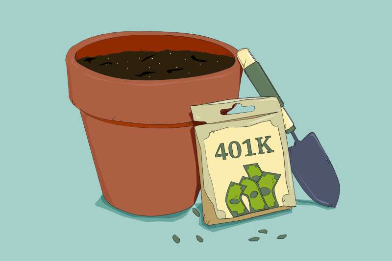 Seed Packet Labeled 401k Next To A Small Flower Pot And Shovel
