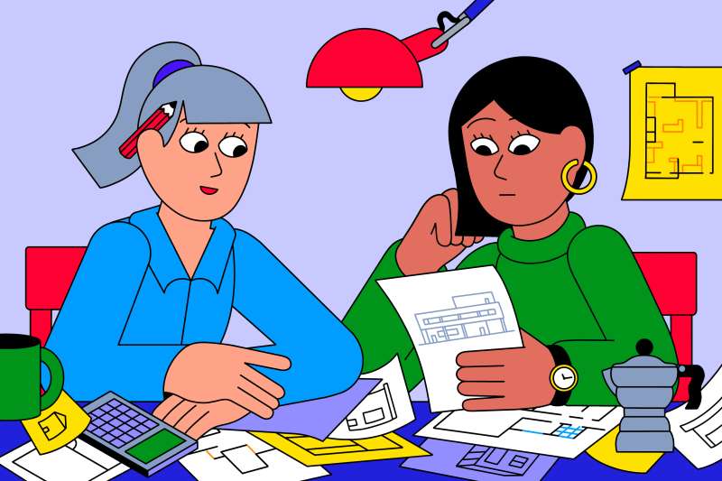 Illustration of two women looking at multiple homes for sale posts