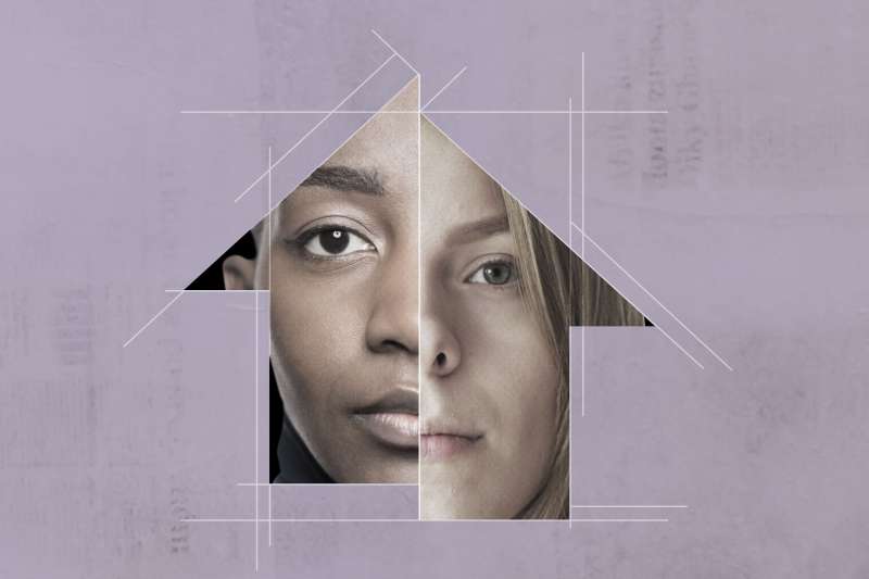 Silhouette Of A House Split Evenly With The Face Of A Black Woman On The Left And A White Woman On The Right