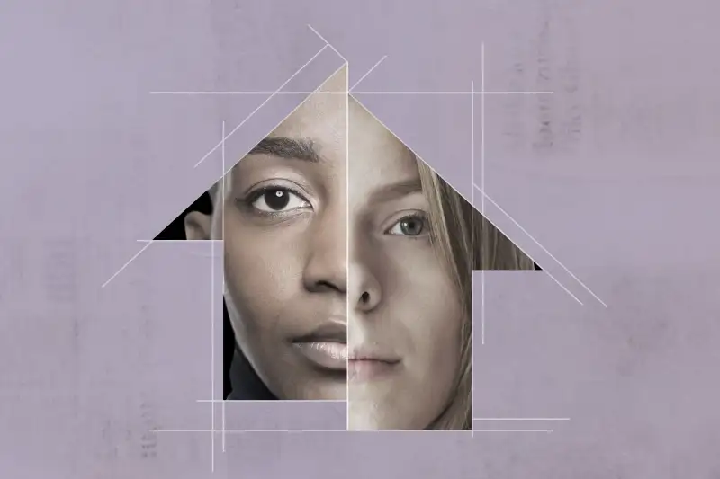 Silhouette Of A House Split Evenly With The Face Of A Black Woman On The Left And A White Woman On The Right