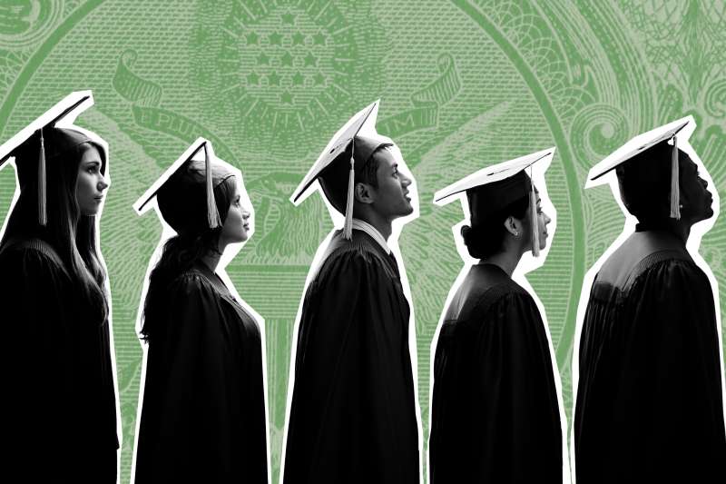 Collage of Graduates in line with details from a dollar bill in the background