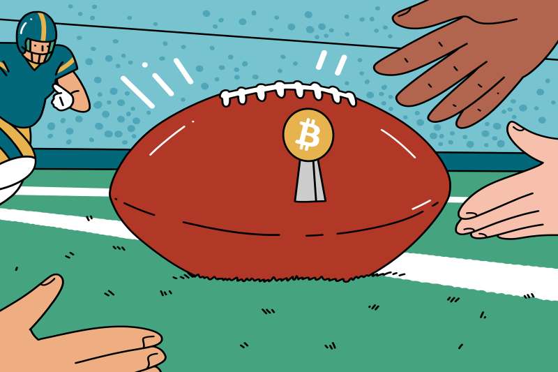 Illustration of players during a Super Bowl game trying to grab a loose football that has a Bitcoin ribbon