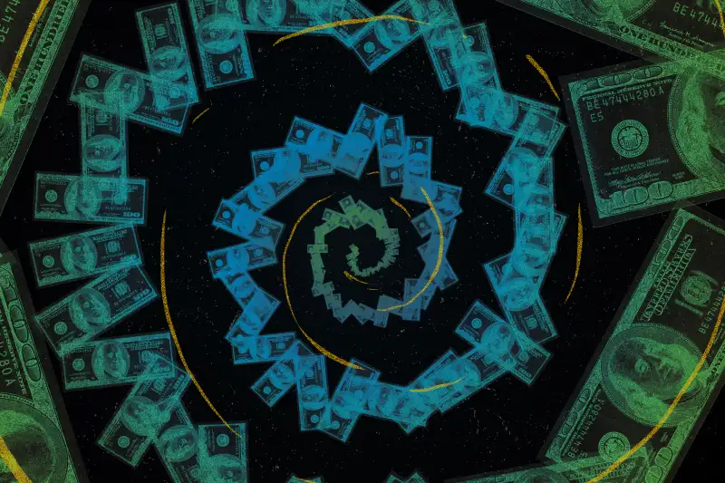 Illustration of a spiral made of many dollar bills