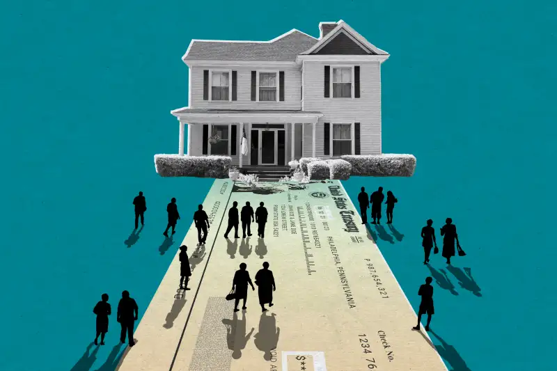 Illustration of a house, many people walking towards it and the path leading to it is a stimulus check.