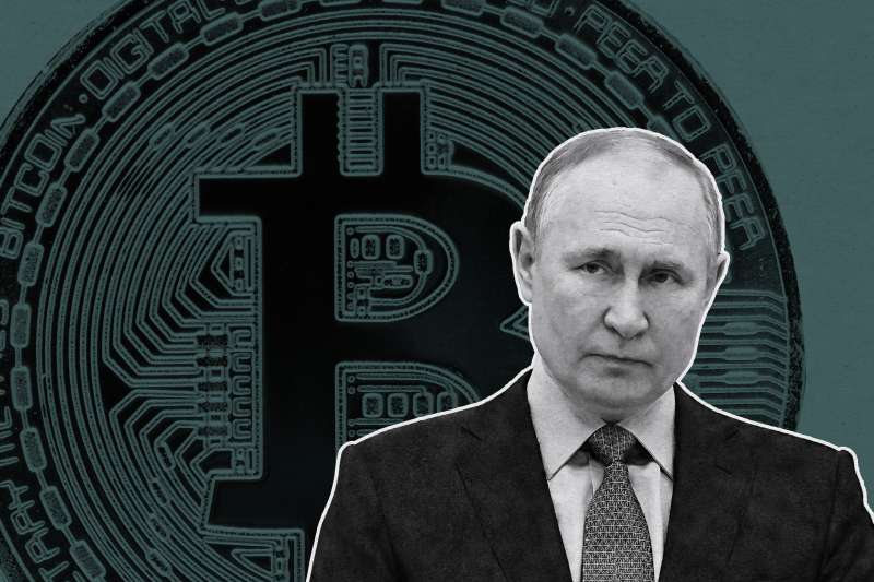 Photo collage of Putin superimposed over a Bitcoin