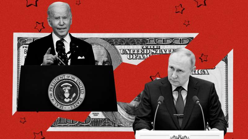 Collage of Joe Biden and Vladimir Putin with a ripped hundred dollar bill in the background
