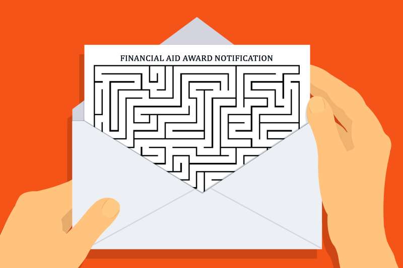 Illustration of hands holding an open envelope containing a Financial Aid Award letter with a maze instead of words