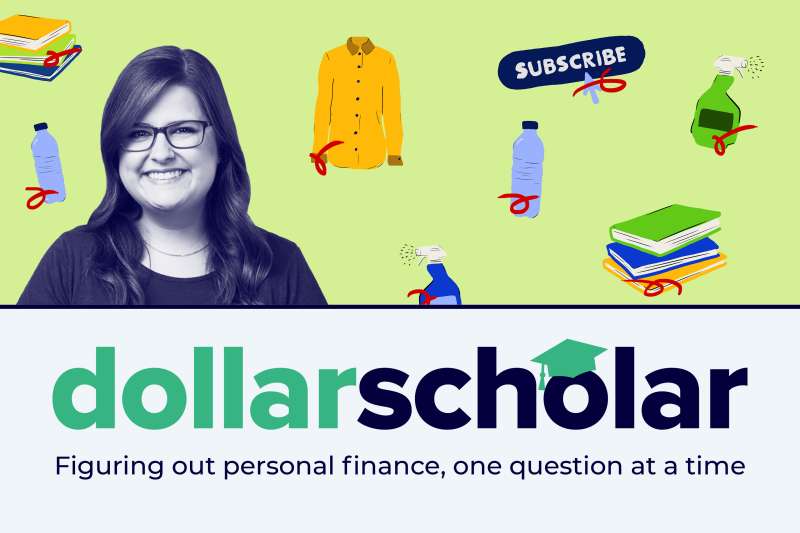 Dollar Scholar Banner with books, water bottle, cleaning products, a shirt and a subscribe button with an eliminate symbol on top