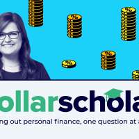 Dollar Scholar Banner with stacks of Coins with  %  sign