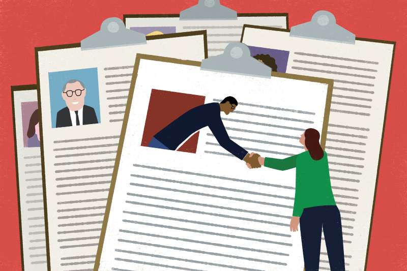Illustration of multiple clipboards with photos of potential job candidates with one of them reaching out and shaking hands with a recruiter