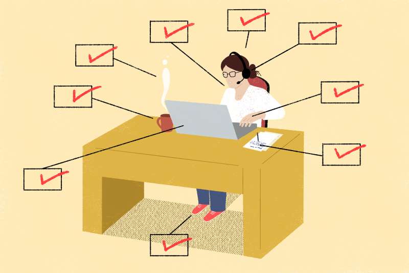 Illustration of a woman working on her laptop, at her desk, with multiple checkboxes around her
