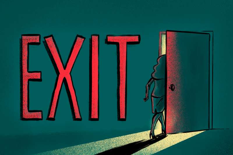 Illustration of a giant EXIT sign and a door- a woman in office uniform is seen exiting the door towards the light.