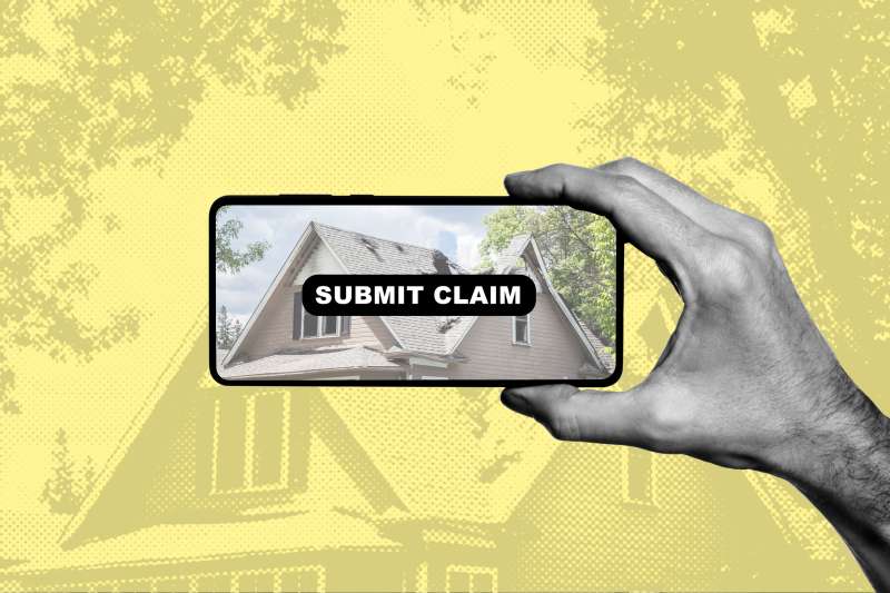 Collage of a hand holding a smartphone, with a picture of a home with a damaged roof, and a button with the words  Submit Claim