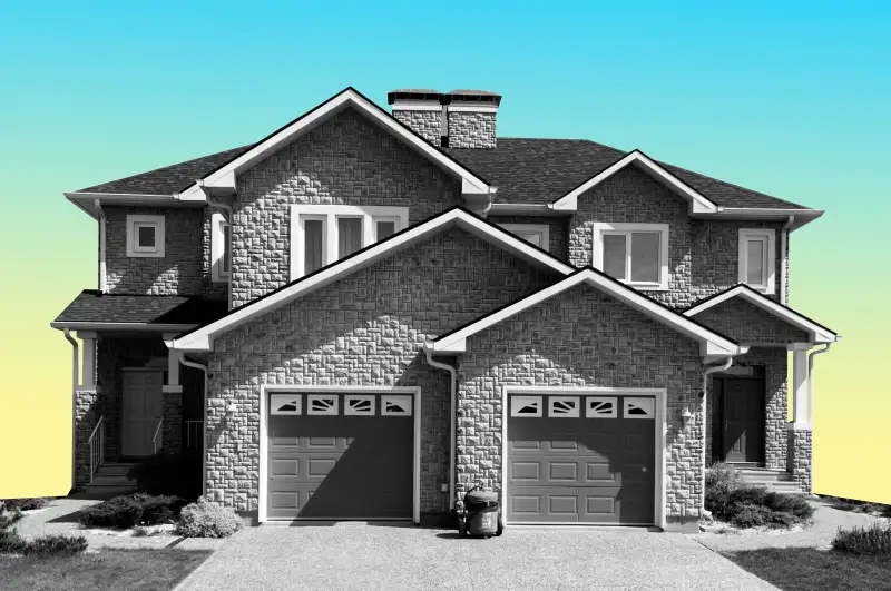 Collage of a suburban house with a colored background